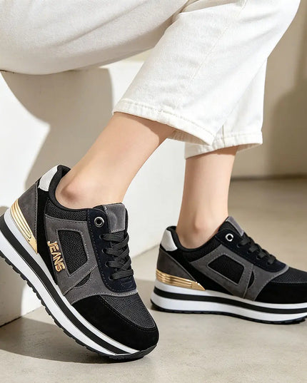 Pantofi sport de dama,D1311,Cu talpa flatform si garnituri din piele ecologica intoarsa,Negru OEM