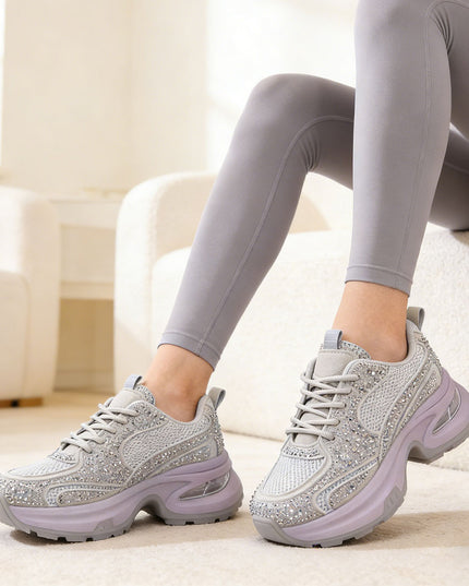 Pantofi Sport De Dama cu Insertii De Plasa si Strasuri, D1414 - Gri