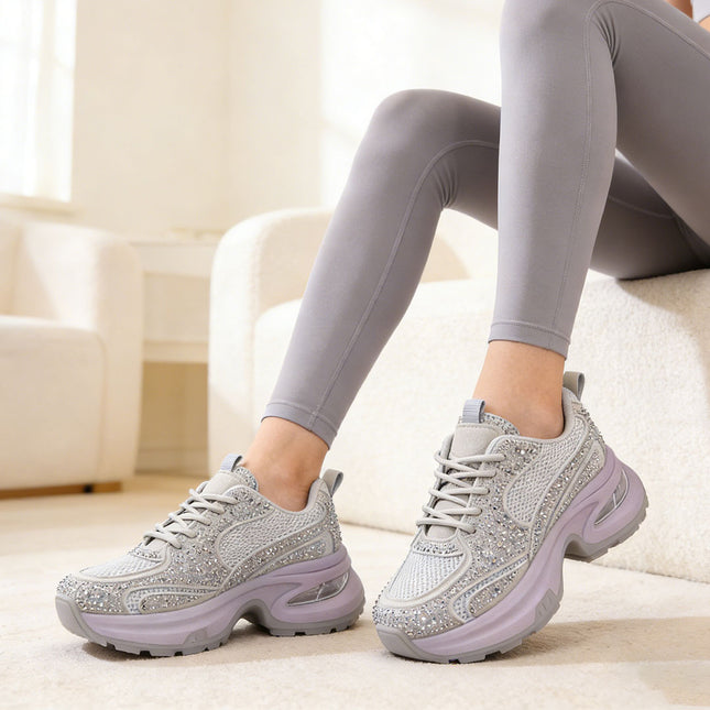 Pantofi Sport De Dama,Cu Insertii De Plasa si Strasuri,D1414,Gri