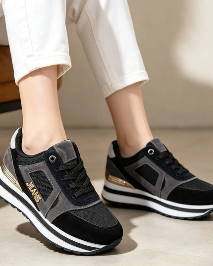 Pantofi sport de dama,D1311,Cu talpa flatform si garnituri din piele ecologica intoarsa,Negru OEM