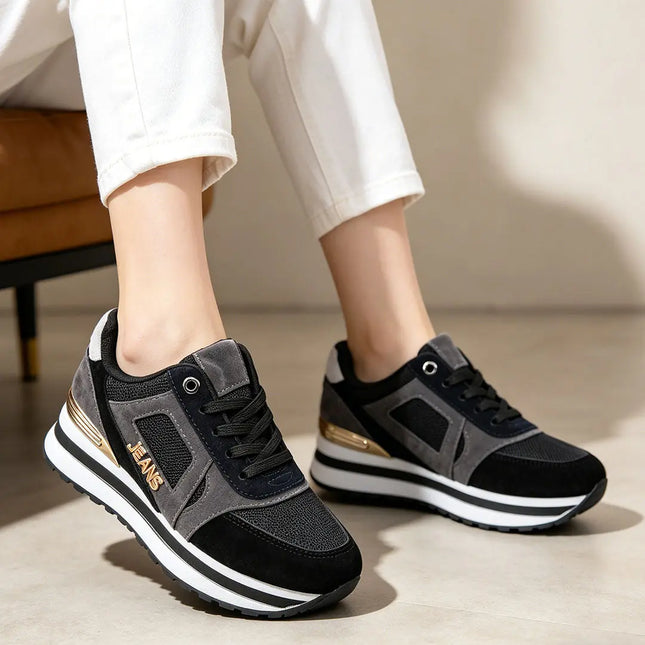 Pantofi sport de dama,D1311,Cu talpa flatform si garnituri din piele ecologica intoarsa,Negru OEM