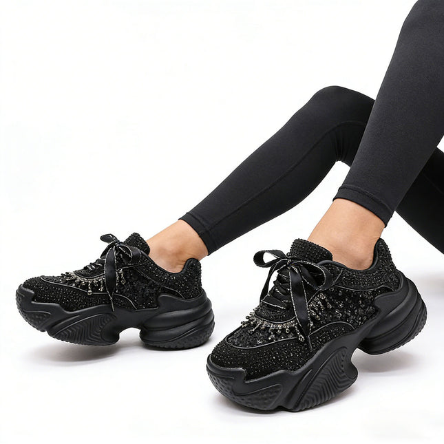 Pantofi sport De dama,Din material Textil Cu Strasuri, D1381, Negru