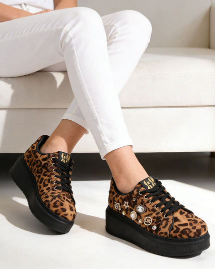 Pantofi Sport De Dama cu Platforma, din piele ecologica, D1442 - Leopard