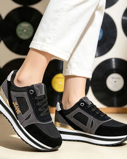 Pantofi sport de dama,D1311,Cu talpa flatform si garnituri din piele ecologica intoarsa,Negru OEM