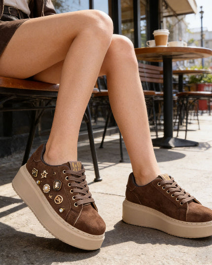 Pantofi Sport De Dama cu Platforma, din piele ecologica, D1442 - Maro