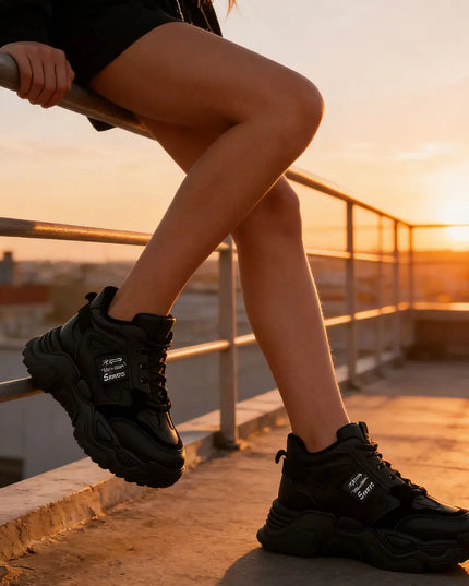 Pantofi sport inalti de dama , Cu platforma, Piele ecologica ,1288,Negru, OEM