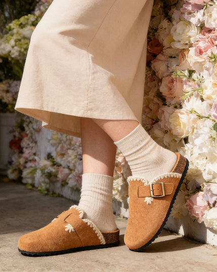 Papuci Casual De Dama din piele intoarsa ecologica, SA49 - Camel