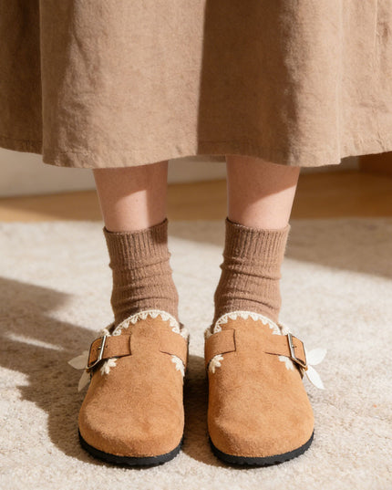 Papuci Casual De Dama din piele intoarsa ecologica, SA49 - Camel