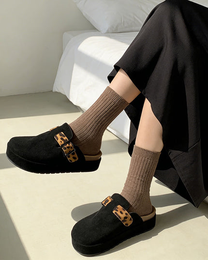 Papuci Casual De Dama din piele intoarsa ecologica, SA50 - Negru cu Leopard