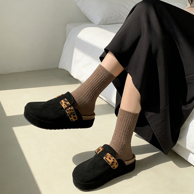 Papuci Casual De Dama,Din piele intoarsa ecologica,SA50,Negru cu Leopard