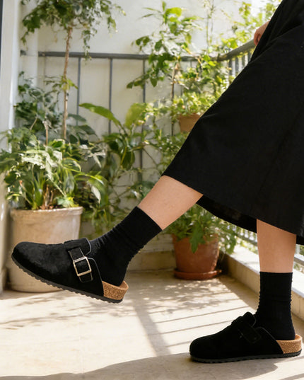 Papuci Casual De Dama din piele intoarsa ecologica, SA48 - Negru