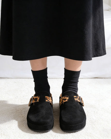 Papuci Casual De Dama din piele intoarsa ecologica, SA50 - Negru cu Leopard