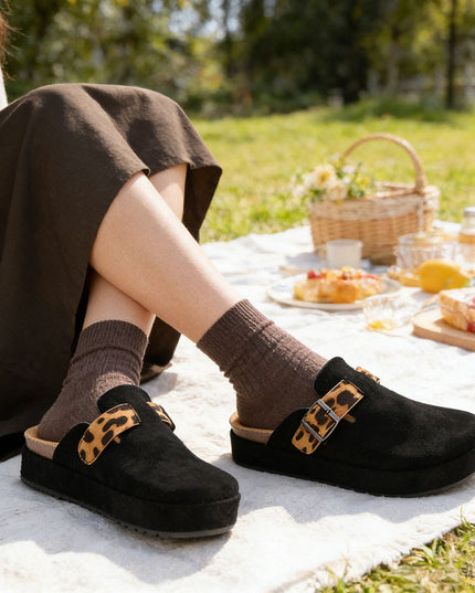 Papuci Casual De Dama din piele intoarsa ecologica, SA50 - Negru cu Leopard