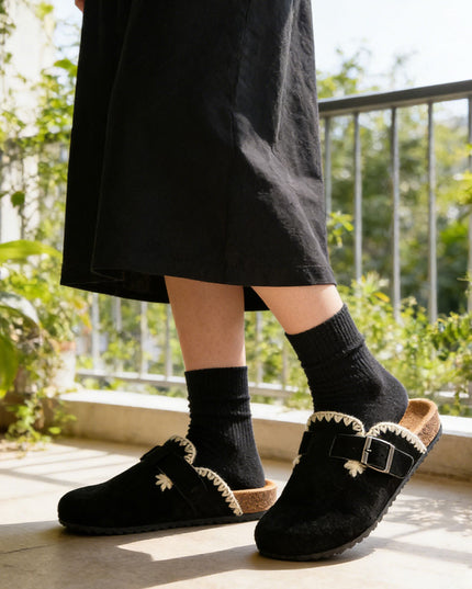 Papuci Casual De Dama din piele intoarsa ecologica, SA49 - Negru