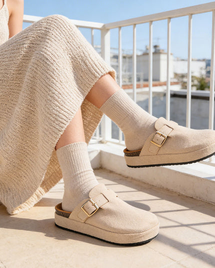 Papuci Casual De Dama din piele intoarsa ecologica, SA50 - Bej