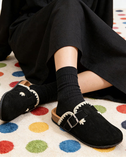 Papuci Casual De Dama din piele intoarsa ecologica, SA49 - Negru