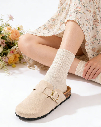 Papuci Casual De Dama,Din piele intoarsa ecologica,SA48,Bej