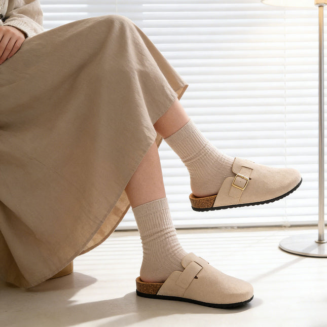 Papuci Casual De Dama,Din piele intoarsa ecologica,SA48,Bej