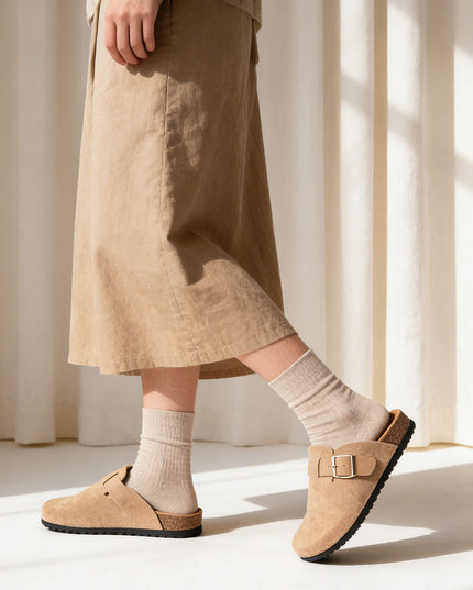 Papuci Casual De Dama din piele intoarsa ecologica, SA48 - Kaki