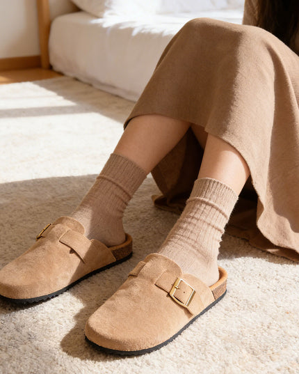 Papuci Casual De Dama din piele intoarsa ecologica, SA48 - Kaki