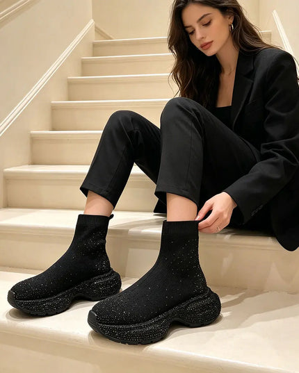 Pantofi Sport Inalti De Dama,Cu model sosete,D1384,Negru OEM