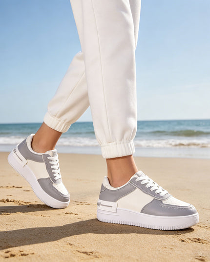 Pantofi Sport De Dama din piele ecologica, D1477 - Alb cu Gri
