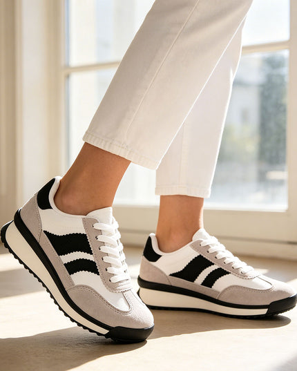 Pantofi Sport De Dama din Piele Ecologica Intoarsa, D1445 - Alb cu Negru