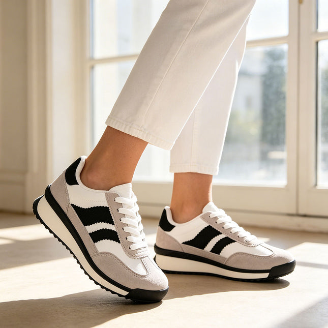 Pantofi Sport De Dama,Din Piele Ecologica Intoarsa,D1445,Alb cu Negru