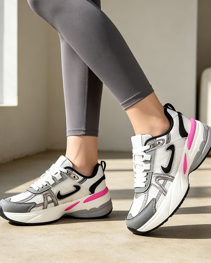 Pantofi Sport De Dama cu Insertii De Plasa, D1432 - Alb Cu Gri